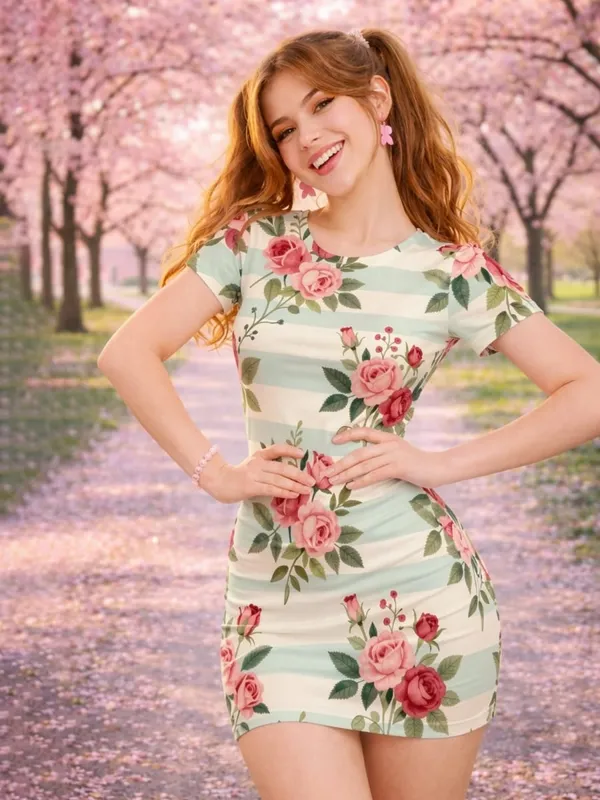 Womens Short Sleeve Bodycon Mini Dress Slim Fit Crew Neck Floral Print Casual Summer Party Lightweight Stretch Clubwear Sundress