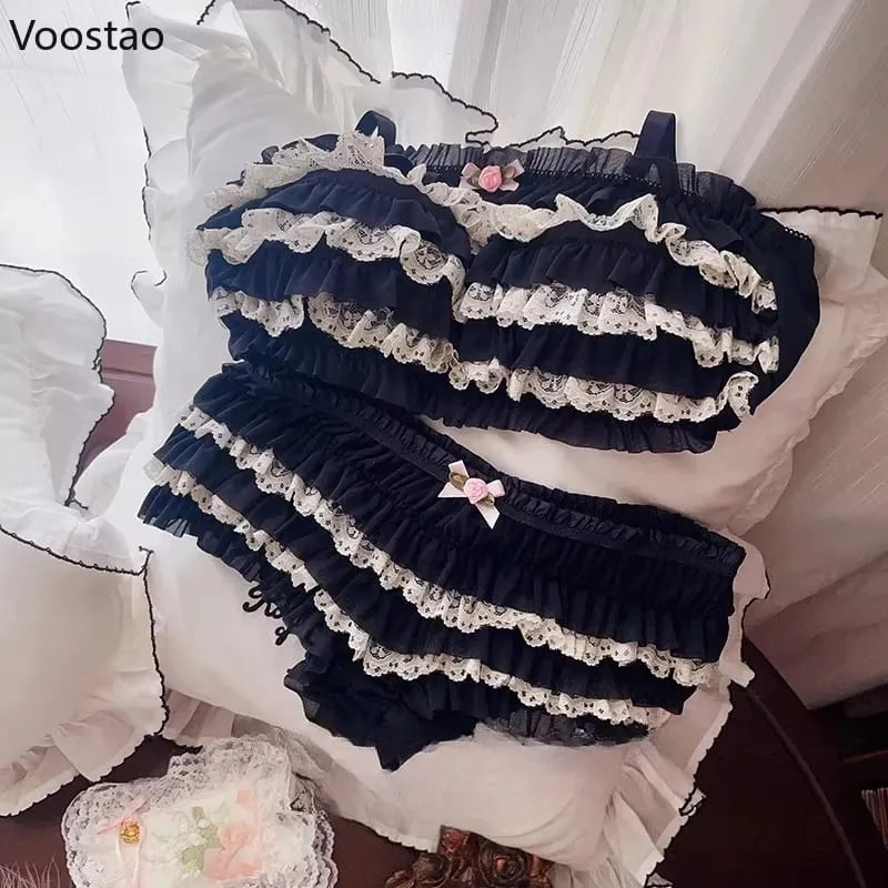 Japanese Sweet Lolita Style Bra Panties Lingerie Set Women Sexy Floral Lace Ruffles Briefs Kawaii Underwear Panty Intimates Sets