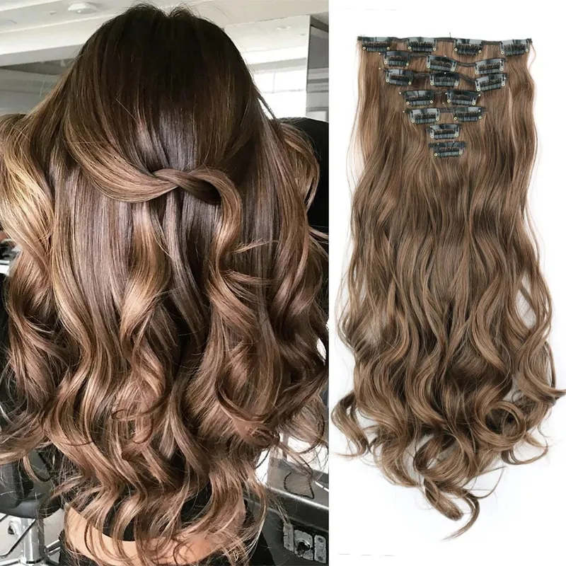 合成 16 クリップヘアエクステンション 7 ピース/セットロングウェーブのかかったヘアスタイル 24 インチ 140 グラムクリップ耐熱ブラックブラウンヘアピース