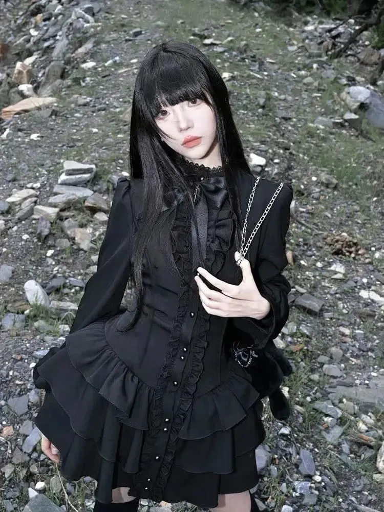 Gotisk vintage blonde Y2k minikjole Dame Design Streetwear Sort Lolita Slank kjole Langærmet Elegant Kjole Krydret piger