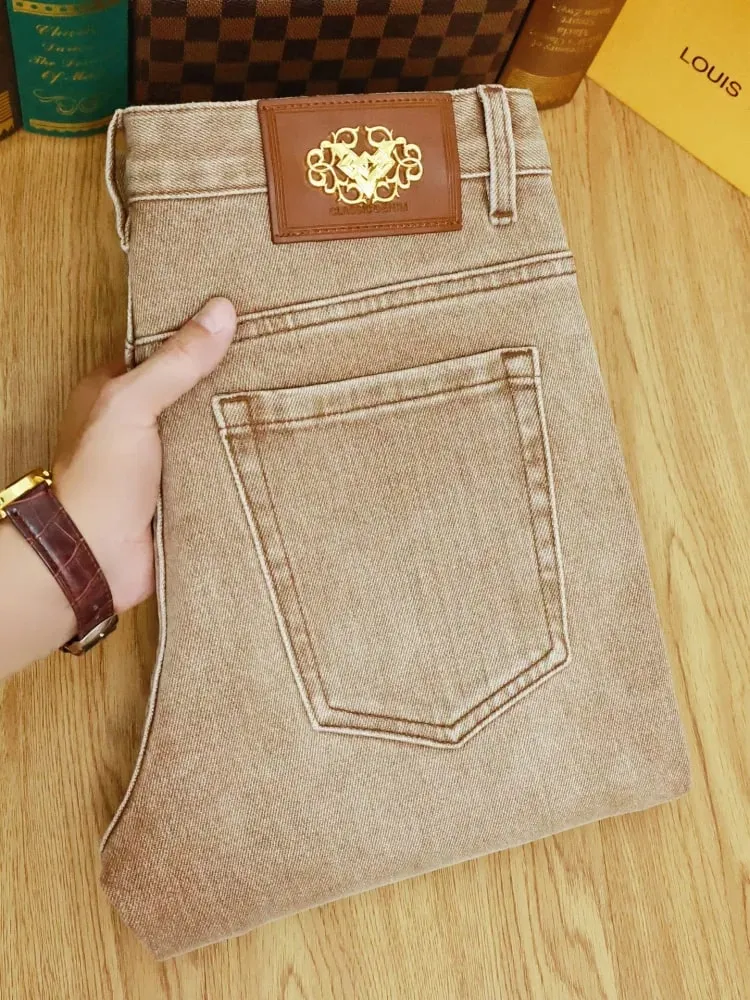 Khaki jeans men in autumn and winter of 2025 high-end light luxury men's clothing elastic small leg pants