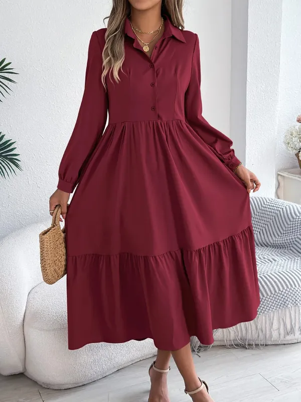 Women Fall Elegance Lapel Collar Button Front Shirt Dress Ruffle Trim Solid Midi Long Sleeve Wedding Dresses