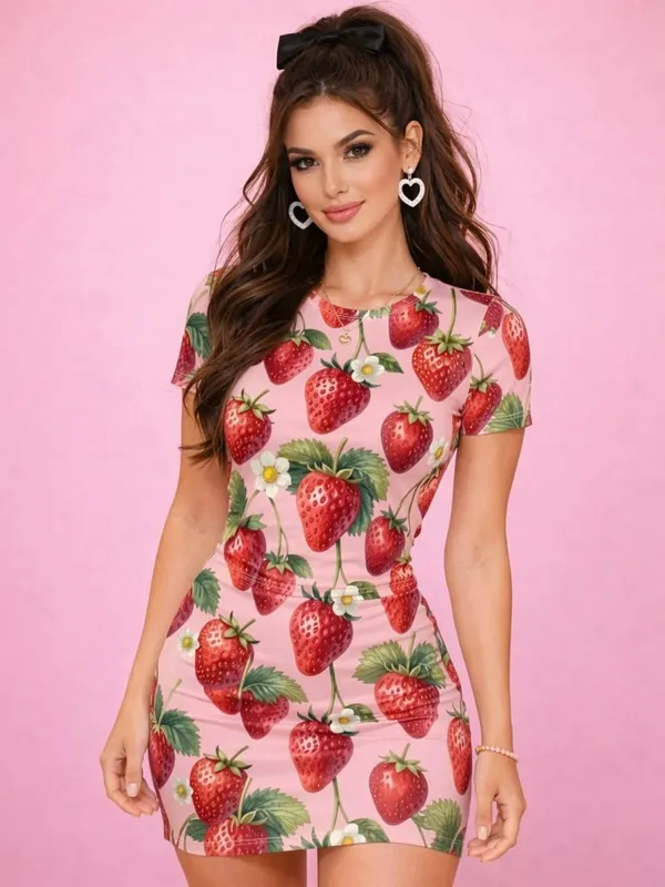 Bayan Kısa Kollu Bodycon Mini Elbise Slim Fit Ekip Boyun Çiçek Baskı Rahat Yaz Parti Sevimli Tatlı Tatil Clubwear Sundress