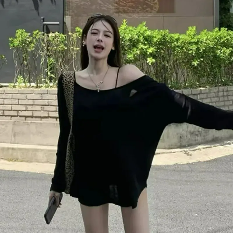 Sheer Baggy T-shirt Streetwear Off Shoulder Top Summer Sunscreen Pullover Shirt Women Loose Sheer T-shirt Long Sleeve Lazy Shirt