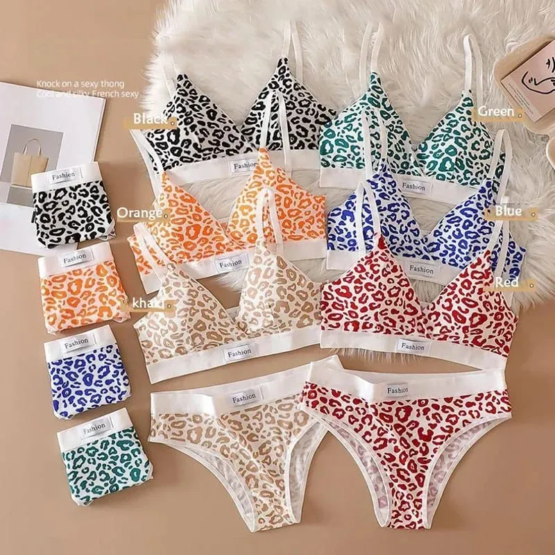 Women Seamless Bra Set Sexy Lingerie Low Waist Panties Leopard Bralette Set Vneck Sport Brassiere Female Cotton Underwear