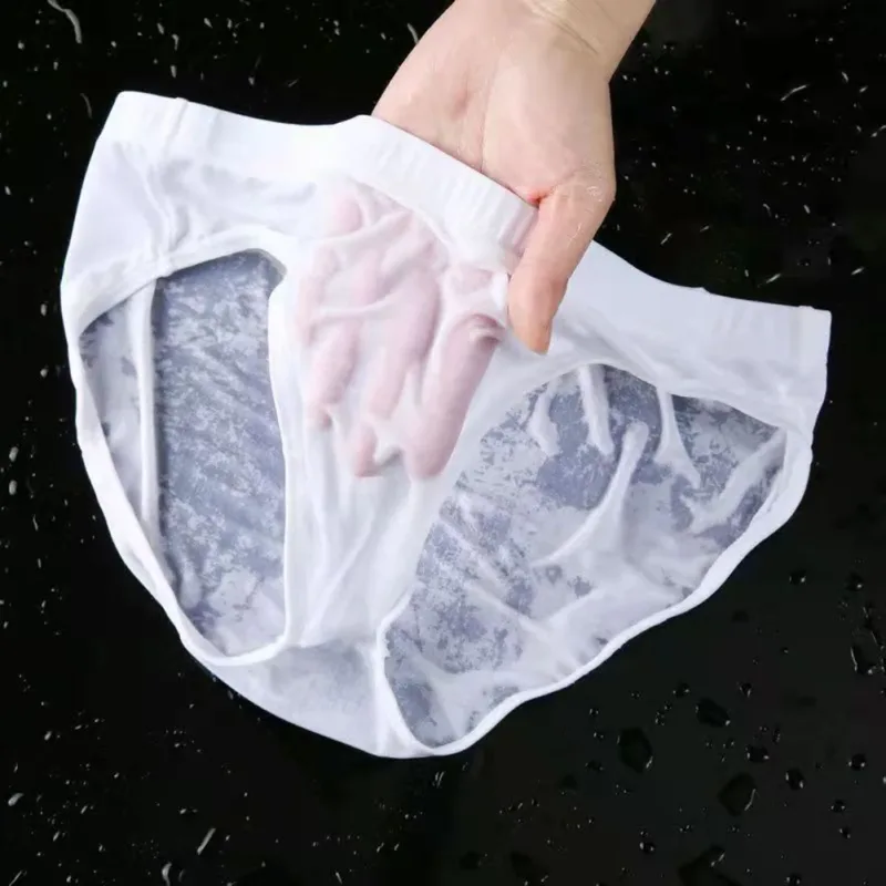 Cuecas masculinas sexy pura de seda gelo roupa interior de secagem rápida u bolsa convexa respirável cuecas de cintura baixa verão resfriamento