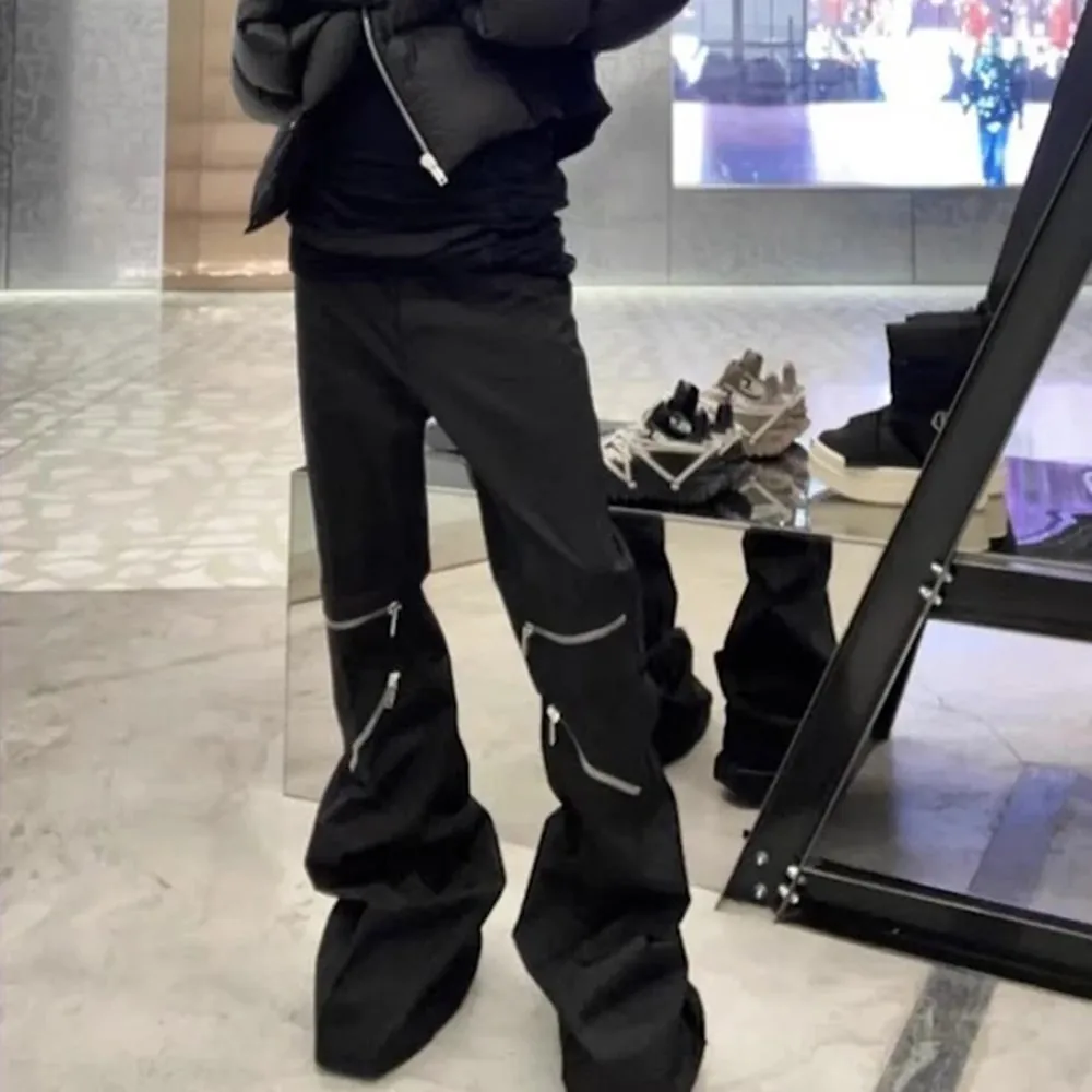 Knee Multi Zipper Coated Micro Flared Jeans for Men Streetwear Baggy Denim Trousers Straight Black Boot Cut