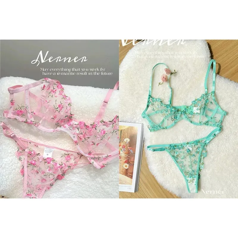 Korean Hot Lace Bra Set Floral Embroidery Transparent Mesh Ultra Thin Big Bust Modest Summer Ladies Daily Wear Underwear 32-38
