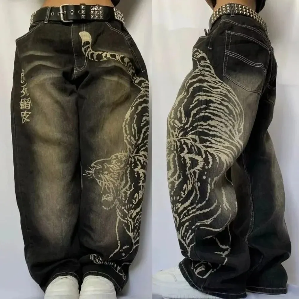 Y2K Vintage Baggy Jeans Men Orange Graffiti Print Wide Leg Skate Pants Retro 90s Hip Hop Streetwear Dark Denim Trousers