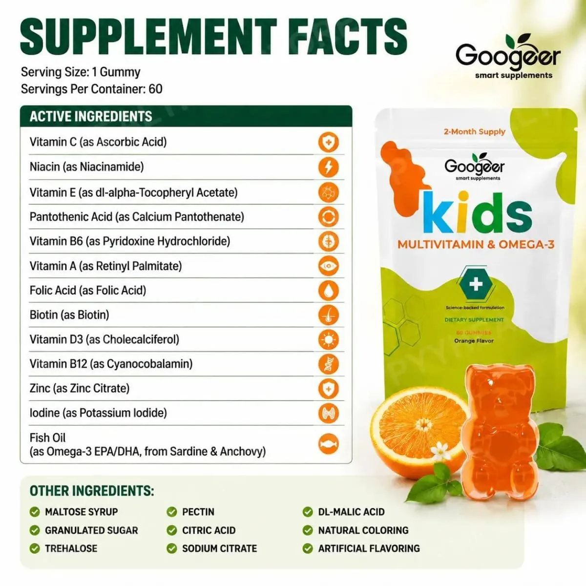 Googeer Kids Multivitamin & Omega-3 Gummies Vitamin C D3 B6 B12 Zinc Fish Oil Orange Flavor 60 Count Daily Nutrition Support