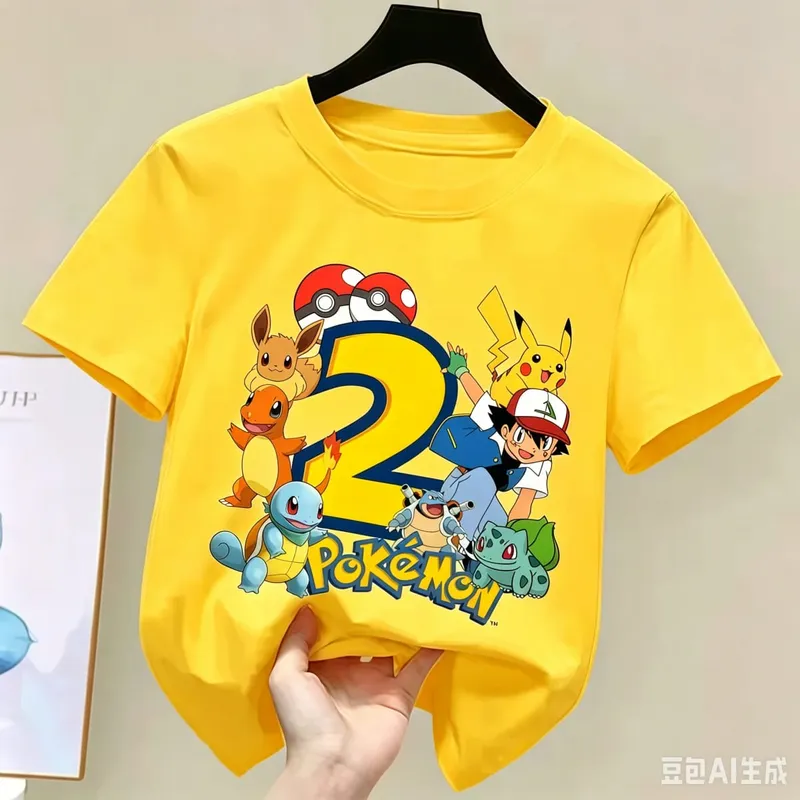 2026 Pikachu Kids Children T Shirts Birthday Number 1-9 Printed T Shirt Boys Girls Summer Short Sleeves Tops Children Clothing