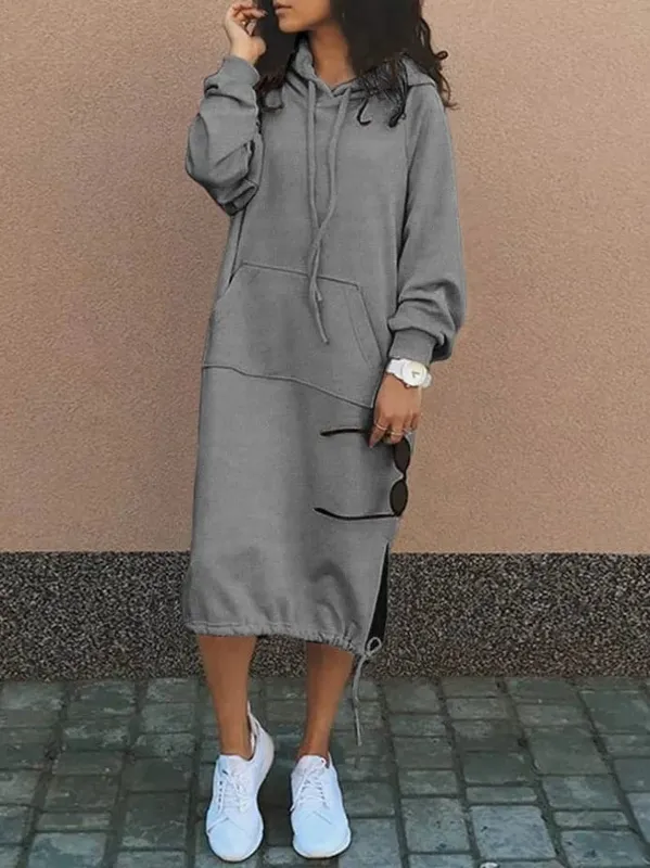 Gaun Panjang Hoodie Hangat Belahan Saku Elegan Berkerudung Besar Jubah Sweter Wanita Baru Mode Musim Gugur dan Musim Dingin 2023