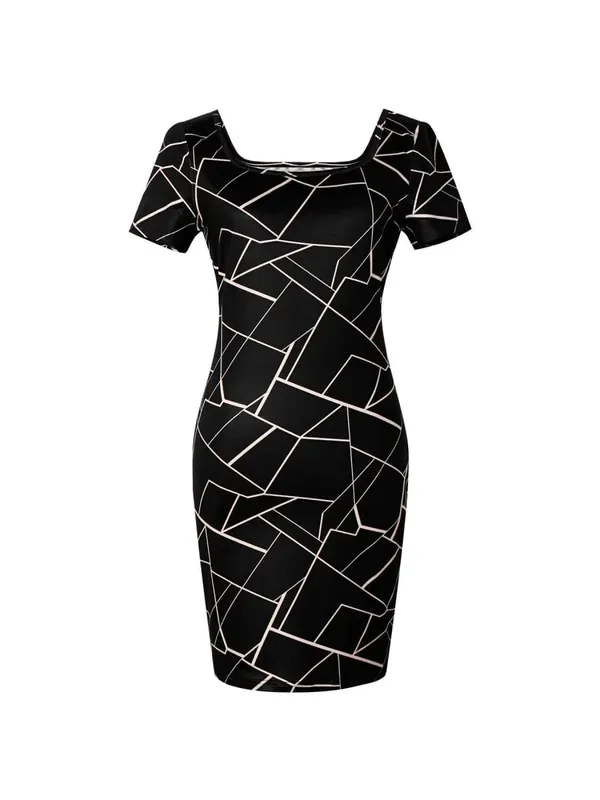 Women Dress Square Neck Short Sleeve Geometric Print Bodycon Mini Dress Sleek Spring Summer Chic Party Club Night Out Flattering