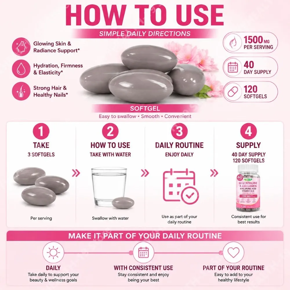 Itawel Collagen Glutathione Softgels Hyaluronic Acid Vitamins C E Para sa Balat Mga Kuko ng Buhok na Suporta sa Pang-adulto at Kagandahan 120 Bilang
