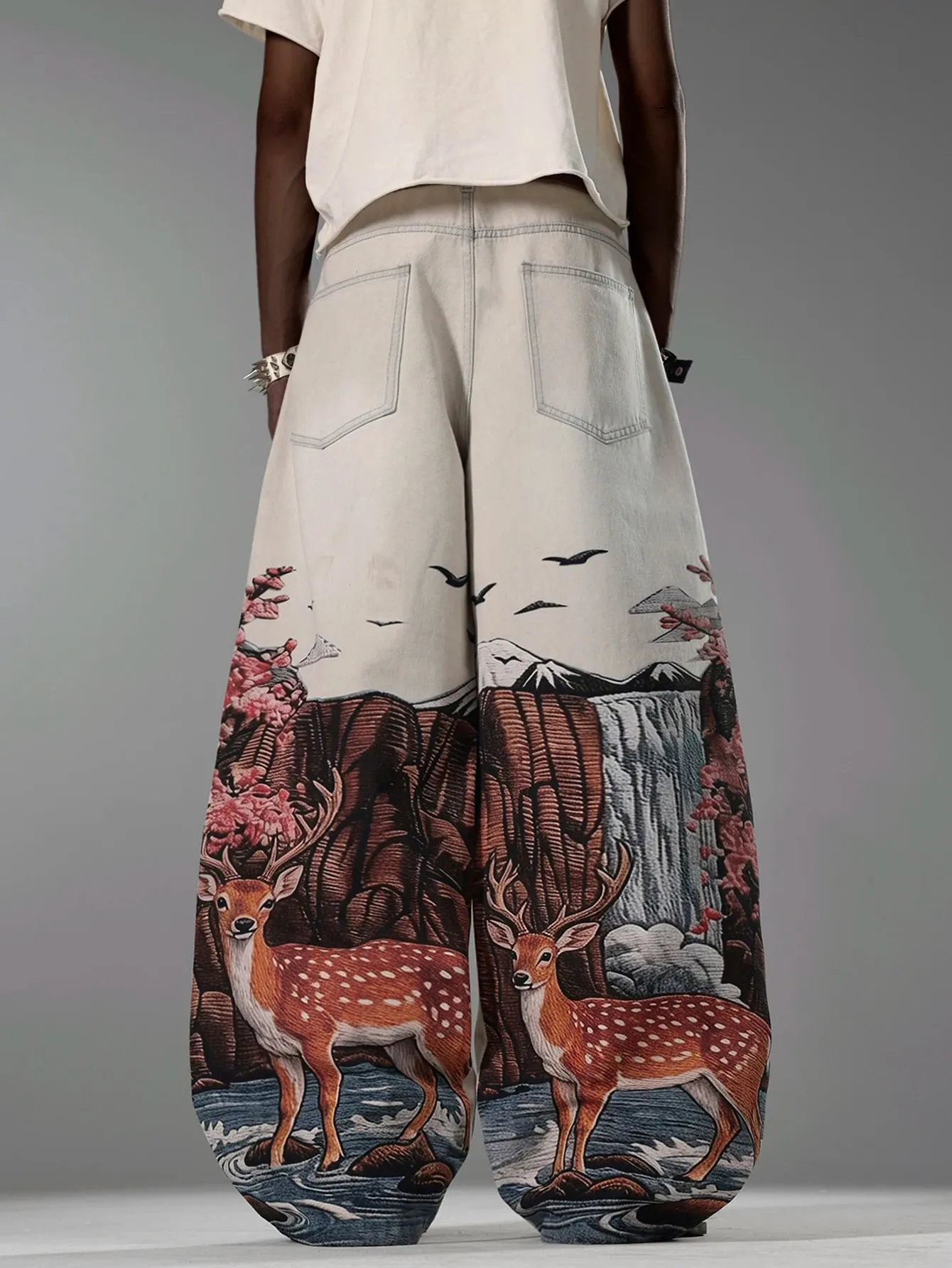 American Retro Art Natural Print Light Gray Baggy Jeans Man y2k Street Trend Fashion Versatile Straight-Leg Wide Pants