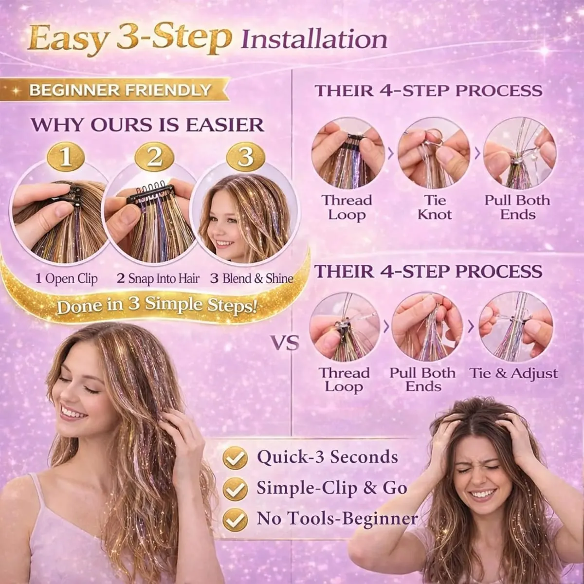 Balení 18 ks Nápadné doplňky do vlasů Rainbow Hair Tinsel Clip in Balíček 22palcových třpytivých pohádkových vlasů pro ženy, dívky