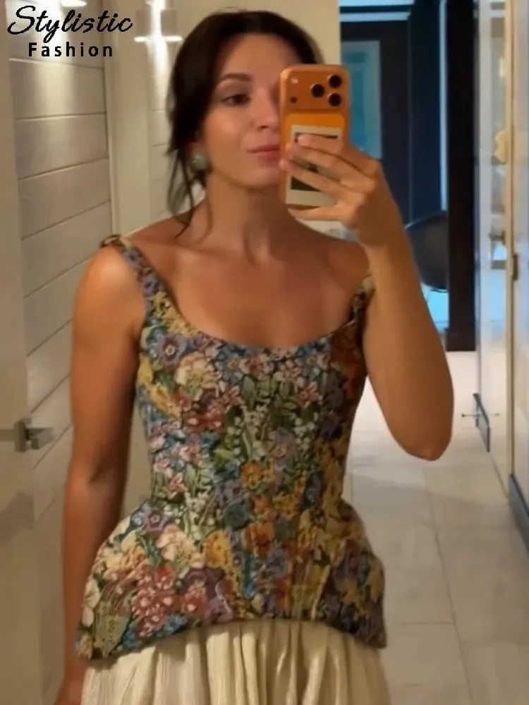 Chic Print Flower Slim Top Women Sleeveless Slash Neck Sling Backless Zipper Vest Female 2026 Fashion Summer Autumn Lady Tops
