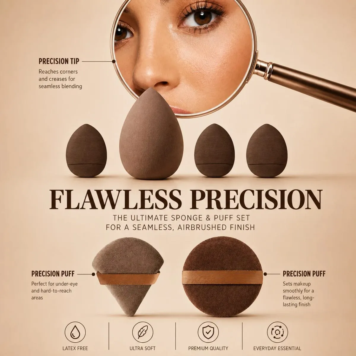 12-Piece Makeup Brush Set With 6 Flat and Round Brushes and 6 Sponges for Foundation Powder Blush and Eyeshadow