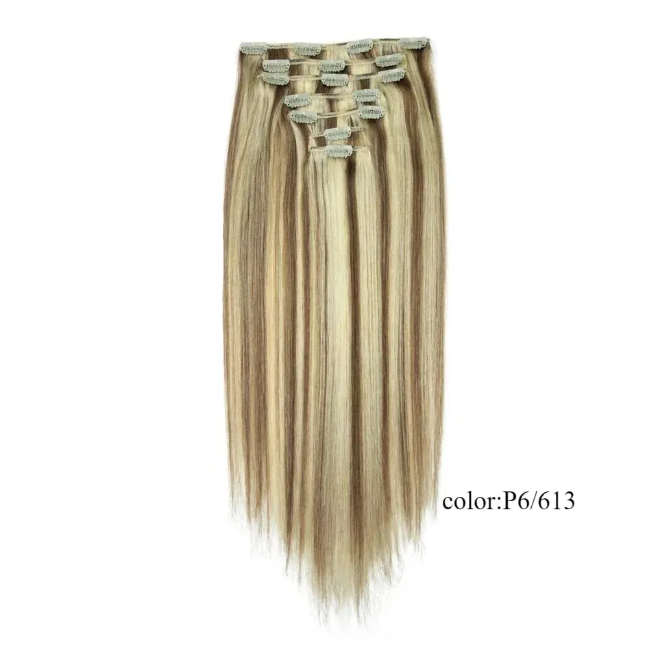 Rebecca Clip In Hair Extensions Human Hair Straight Clip In Blonde P6/613 P8/613 P27/613 P4/27 Color Clip Ins Remy Hair 7Pcs Set