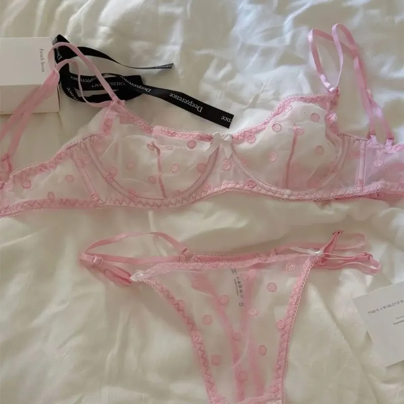 Ladies Polka Dot Lace Embroidery Bra Panty Set Soft Underwire Sheer Mesh Unlined Support Everyday Intimate Lingerie 32-38 Suit