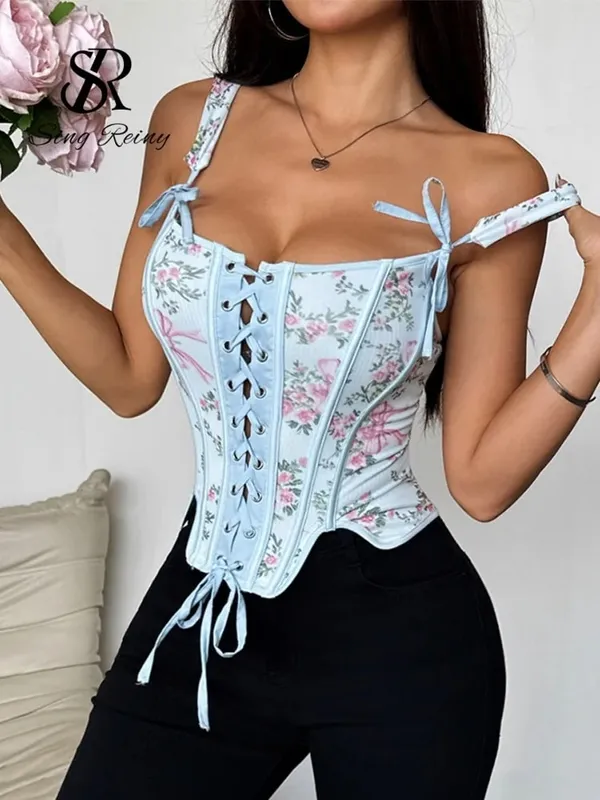 Strap Holiday Floral Corset Top 2026 New Arrival Lace Up Sexyl Shapewear Top Frenc Irregular Bohemian Print Camisole