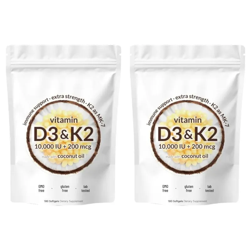Vitamin D3 K2 Softgels with MK-7 and Coconut Oil 10 000 IU + 200 Mcg Adult Bone and Immune Wellness Support 180 Mini Softgels