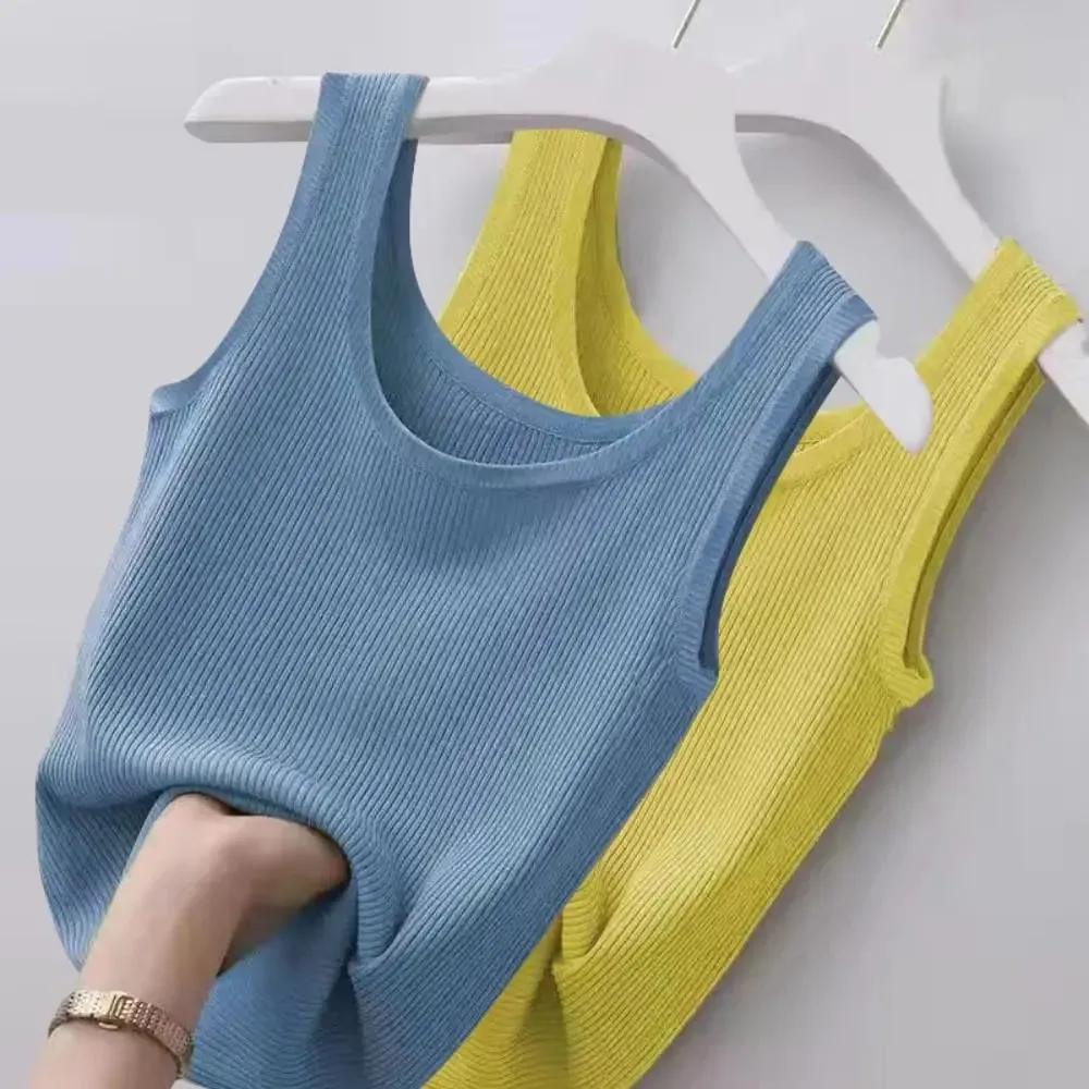 2024 Polyester Sexy Sleeveless Camisole Basic Top Solid Color Summer Camisole Streetwear Tees T-Shirt Spring Knitted Tank Women
