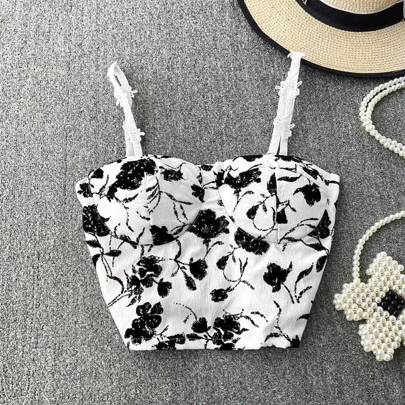 Women Sweet Elastic Camis Underwear Padded Bra Spaghetti Cute Crop Tops Print Tank Tops For Women Summer