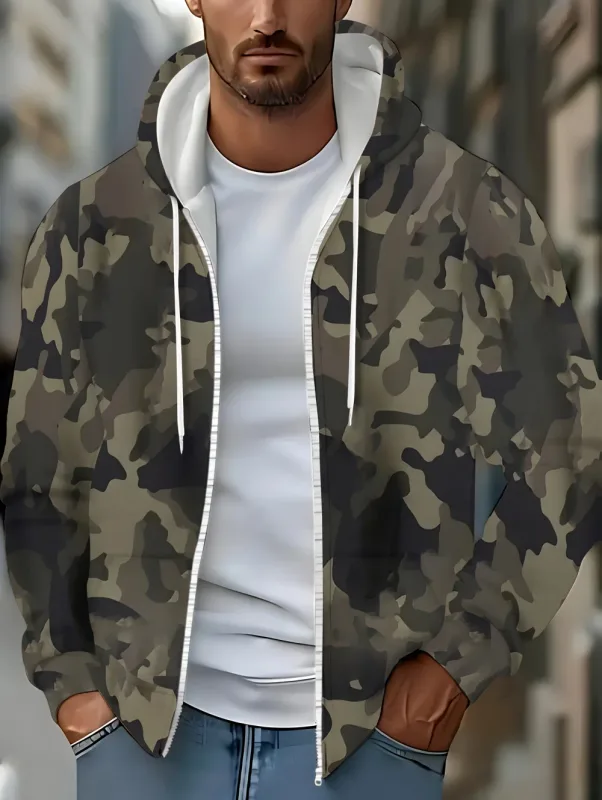 Men's Camouflage Graphic Zipper Hoodie Long Sleeve Casual Outdoor Jacket Drawstring Loose Comfortable Men's Sweatshirts Clothing