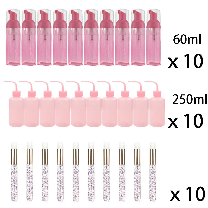 60ml Refillable Leakproof Empty Foam Mousse Pump Bottles Lash Extension Cleansing Kit Soft Brush 250ml Rinse Bottle Beauty Tools