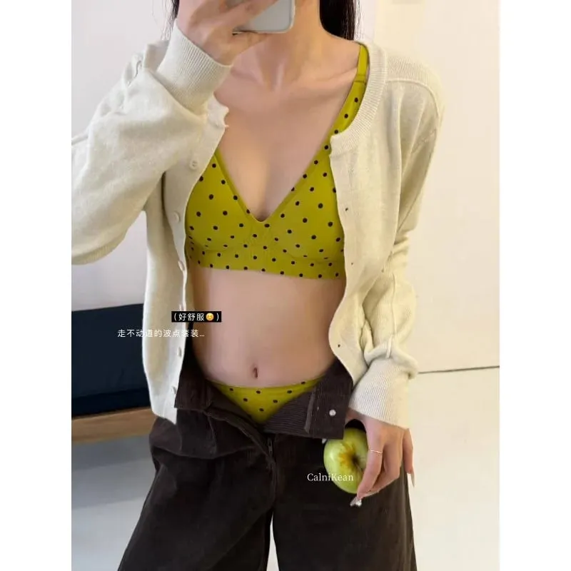 American Retro Polka Dot Bra Seamless Deep V Wireless Jelly Support Anti Sagging Lingerie Set Sexy Comfort MOYISU Sexy Bra Set