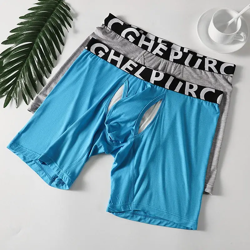 Men's Long Leg Cotton Boxer Briefs with Scrotum Pouch Anti-Chafing U Convex Separation Sports Underwear for Comfort