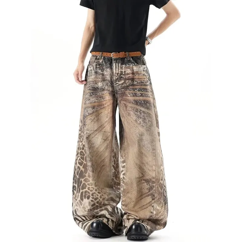 Washed Brown Distressed Leopard Printed Loose Men's Jeans Streetwear Casual Wide Leg Denim Long Pants Summer New — image 2