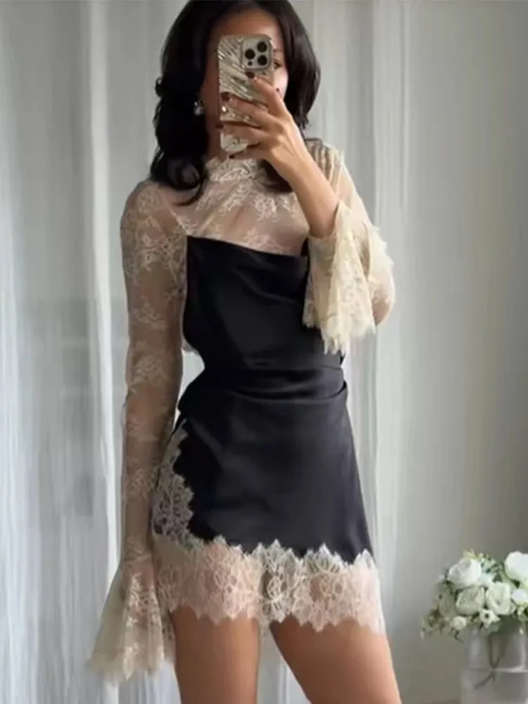 Elegant Sexy Lace Patchwork Mini Dress Women Full Flared Sleeve Waist Cinching See Through Short Dresses Lady Club Party Gowns — image 1