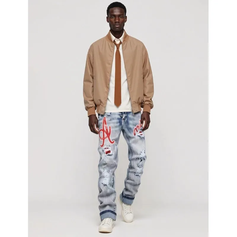 Men's Hip-Hop Style Distressed Holes Jeans Wash Ripped Pants with Red Embroidered Patches Casual Trendy Streetwear Trousers