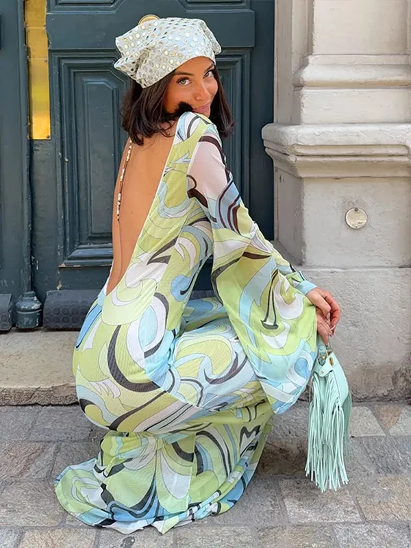 Elegant Print Mesh Long Dress For Women Sexy Deep O-neck Sleeveless Perspective Maxi Dress Lady Summer Chic Beach Robes