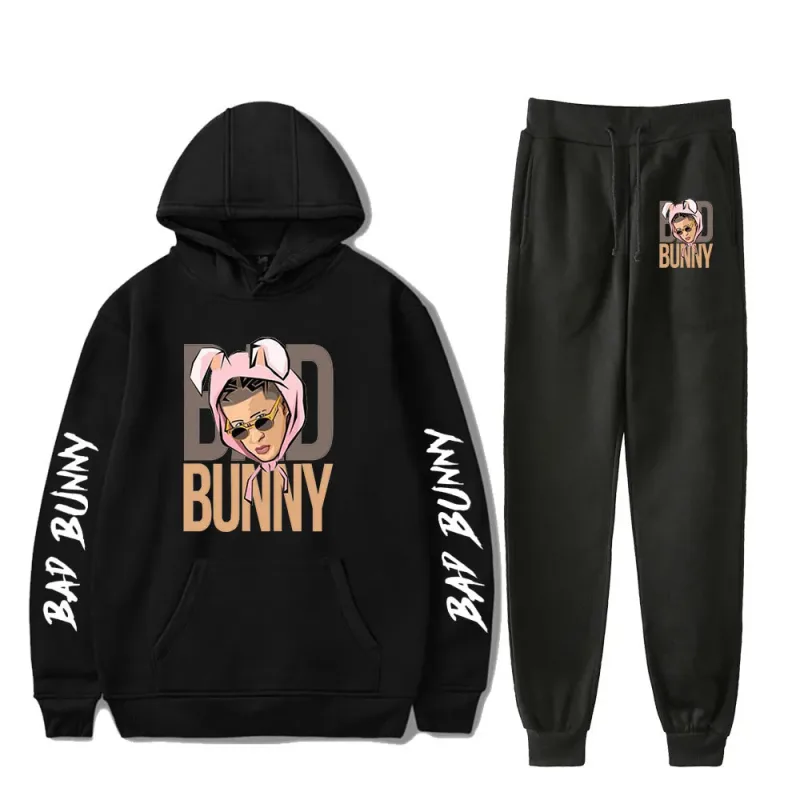 Harajuku Comfortable Funny bad bunny Print Sweatshirt Sweatpants Suit Men/Women Hoodies+ Trousers Suit Cute 2 Piece Set Clothes