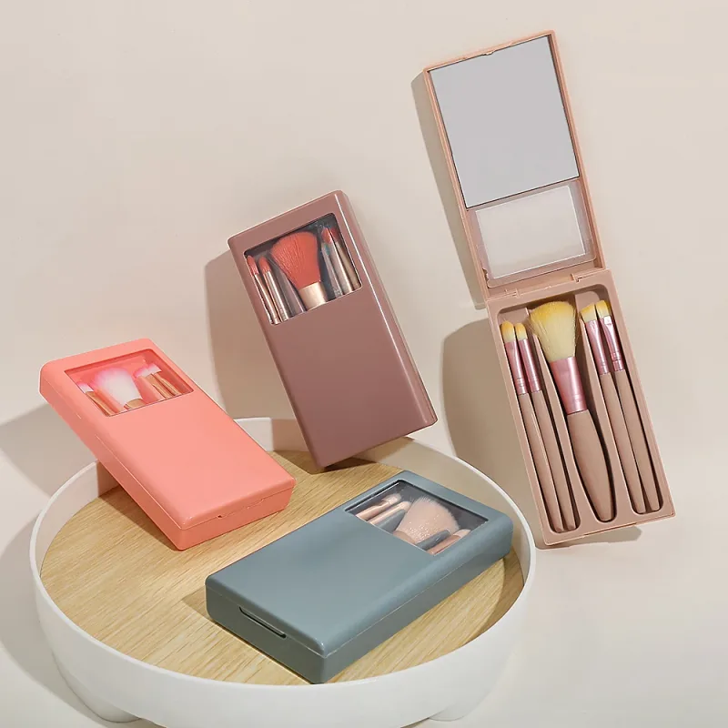 Portable Mini Makeup Brush Set with Mirror Case 5Pcs Travel Makeup Brushes for Foundation Eyeshadow Concealer