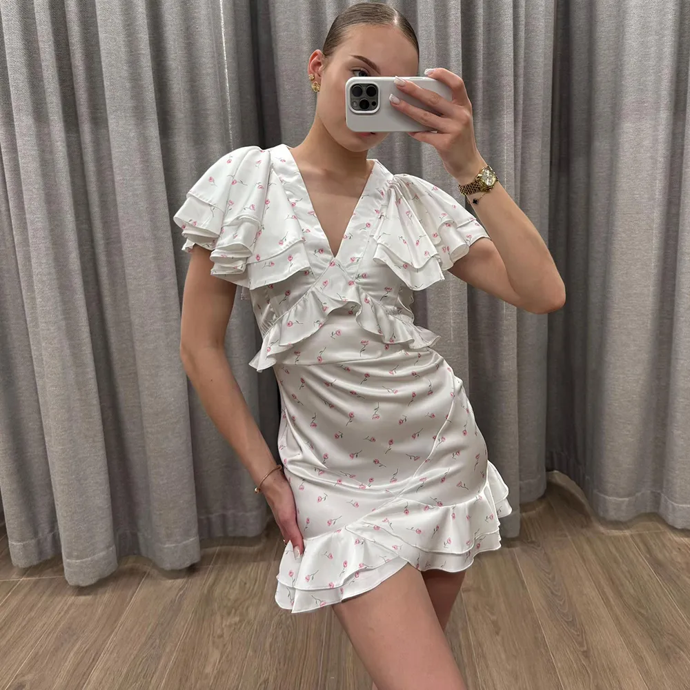 Talenza Elegant Printed Ruffle Dress Women's Summer Fashion Contrast V-Neck Patchwork Dress Vintage Party Women's Casual Dress