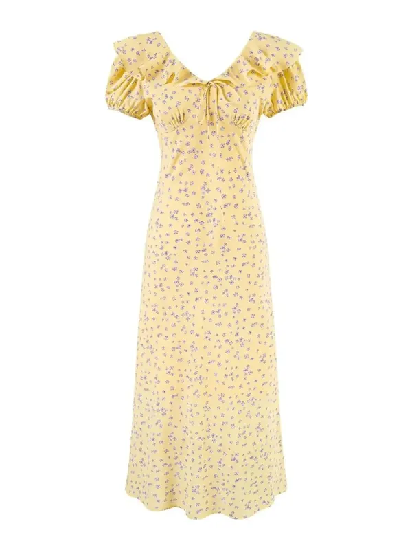 Chu Sau beauty Damen Neue Mode Süße Polka Dot Print Chic Rüschen Midikleid Französisch V-Ausschnitt Puffärmel Vintage Partykleider