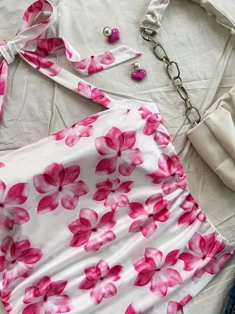 Women's Summer Short Top Pink Floral Camisole Vest Suitable for Vacation Style Girls