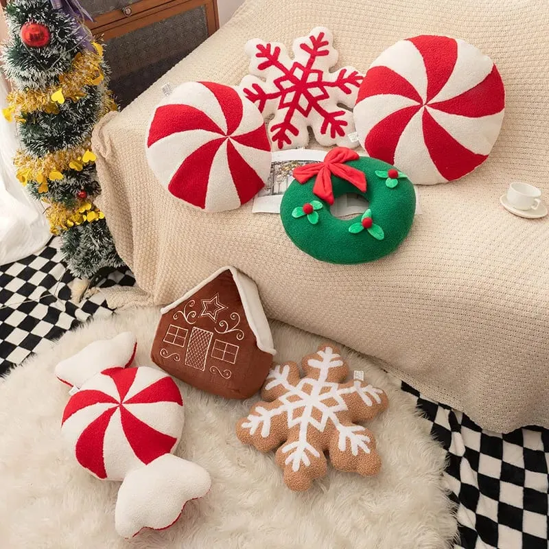 Christmas Day Plush Decor Pillow Stuffed Wreath Snowflake White Red Round Candy Soft Seat Cushion Party Prop Decor Gift