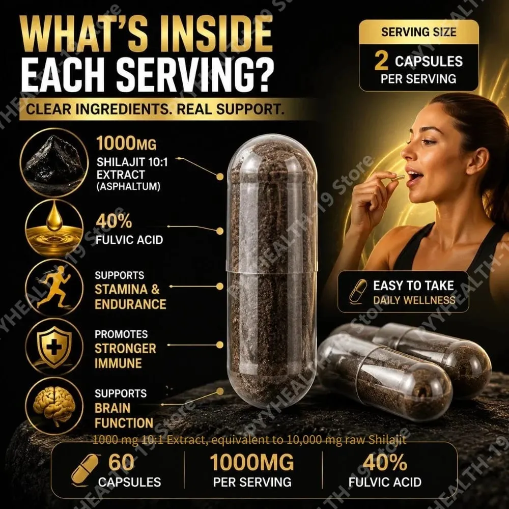Shilajit Resin Capsules from Himalayas 1000mg 10:1 Extract 40% Fulvic Acid 60 Count Supports Stamina & Endurance Brain Function