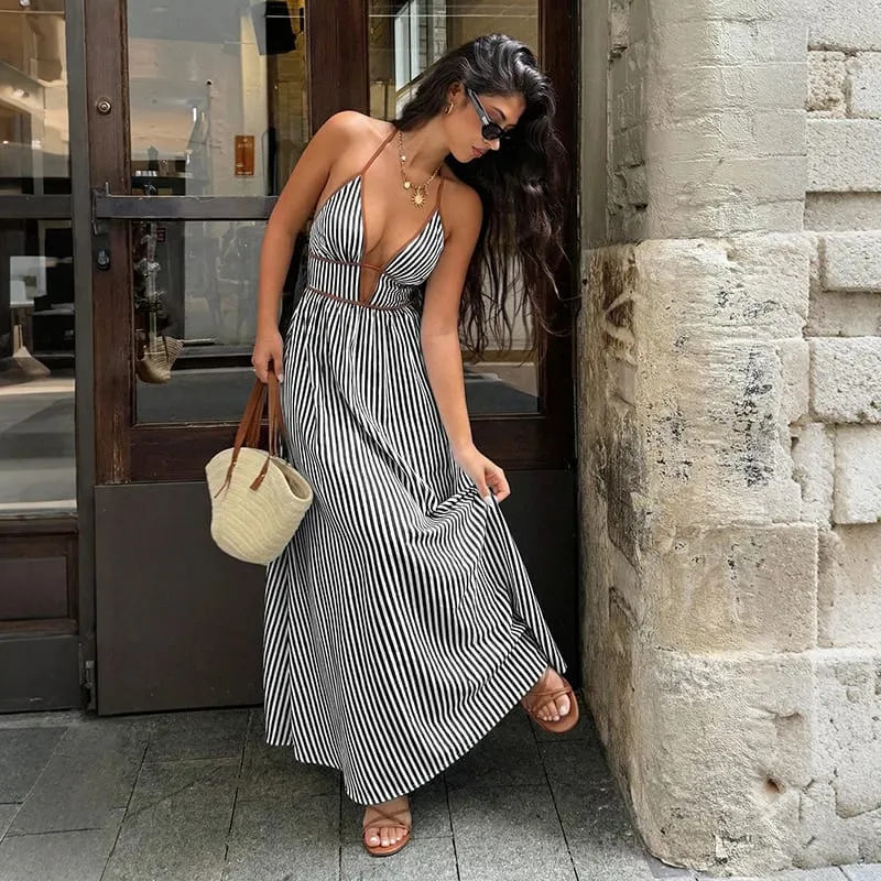 2026 Summer New Style Deep V-neck Striped Beach Dress Sexy Backless Sleeveless Neckline Long Dress