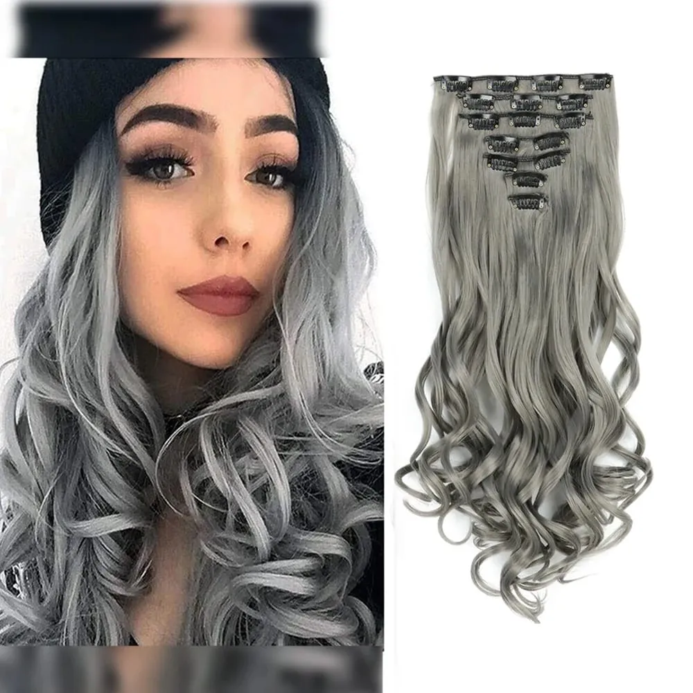 Synthetic 24Inch 16Clips Long Curly Hair Extension Heat Resistant Hair Extension Clips In Ombre Black Brown Blond Women