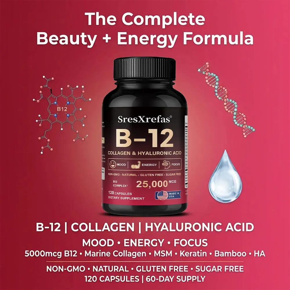 Vitamin B12 with Collagen Hyaluronic Acid - Supports Energy Focus Mood Nervous System & Immune Health Relieves Fatigue