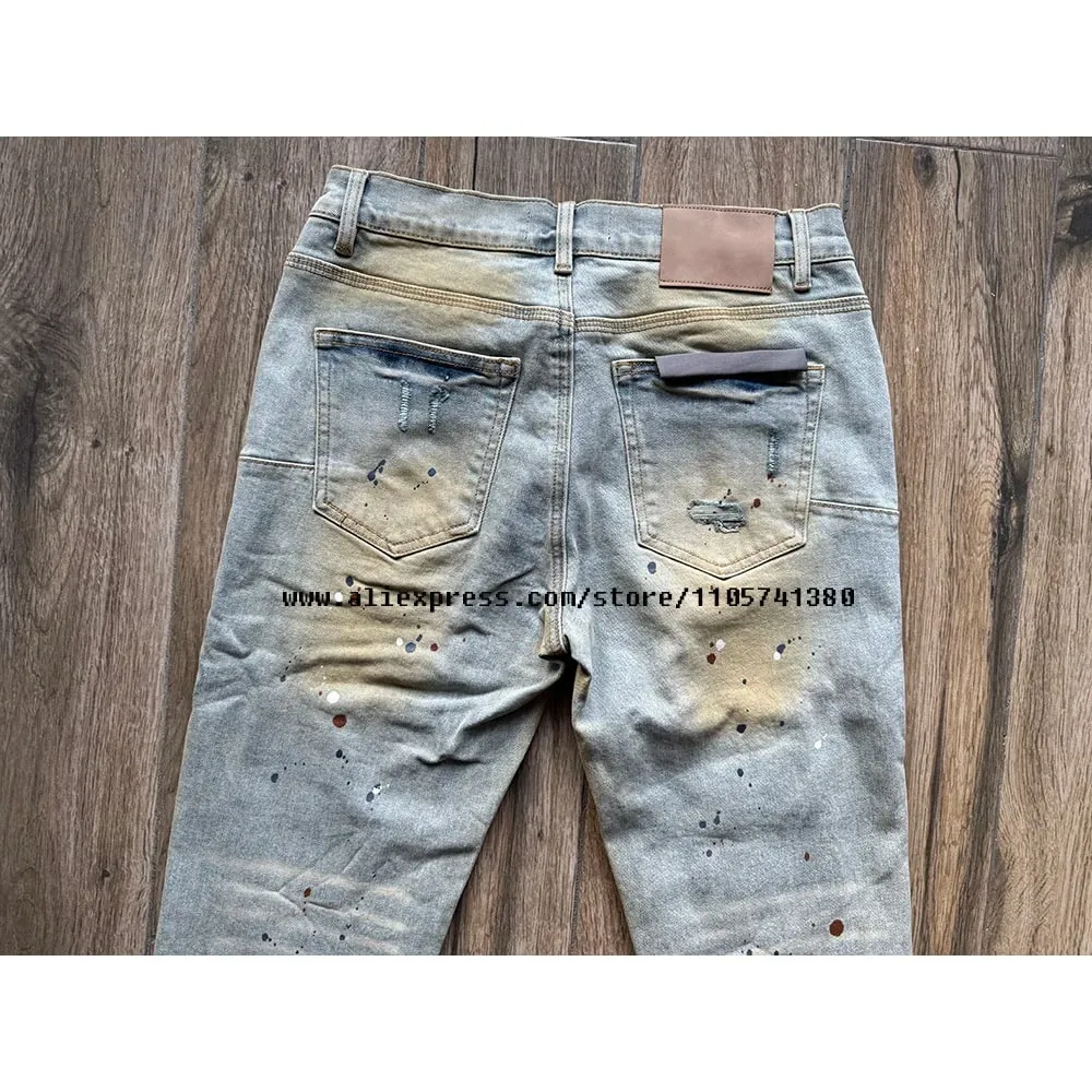 Men's High Street Distressed Washed Light Blue Graffiti Damaged Holes Stretch Skinny Button Fly Ripped Jeans Pants
