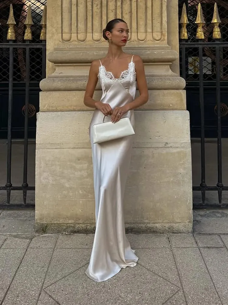 Sexy Women V-neck Satin Sling Maxi Dress Chic White Lace Patchwork Sleeveless Backless Slim Gowns Summer Evening Party Dresses