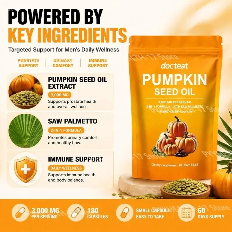 Docteat Pumpkin Seed Oil Capsules 2-in-1 with Saw Palmetto for Urinary System Comfort Support 3 000 Mg Per Serving 180 Capsules