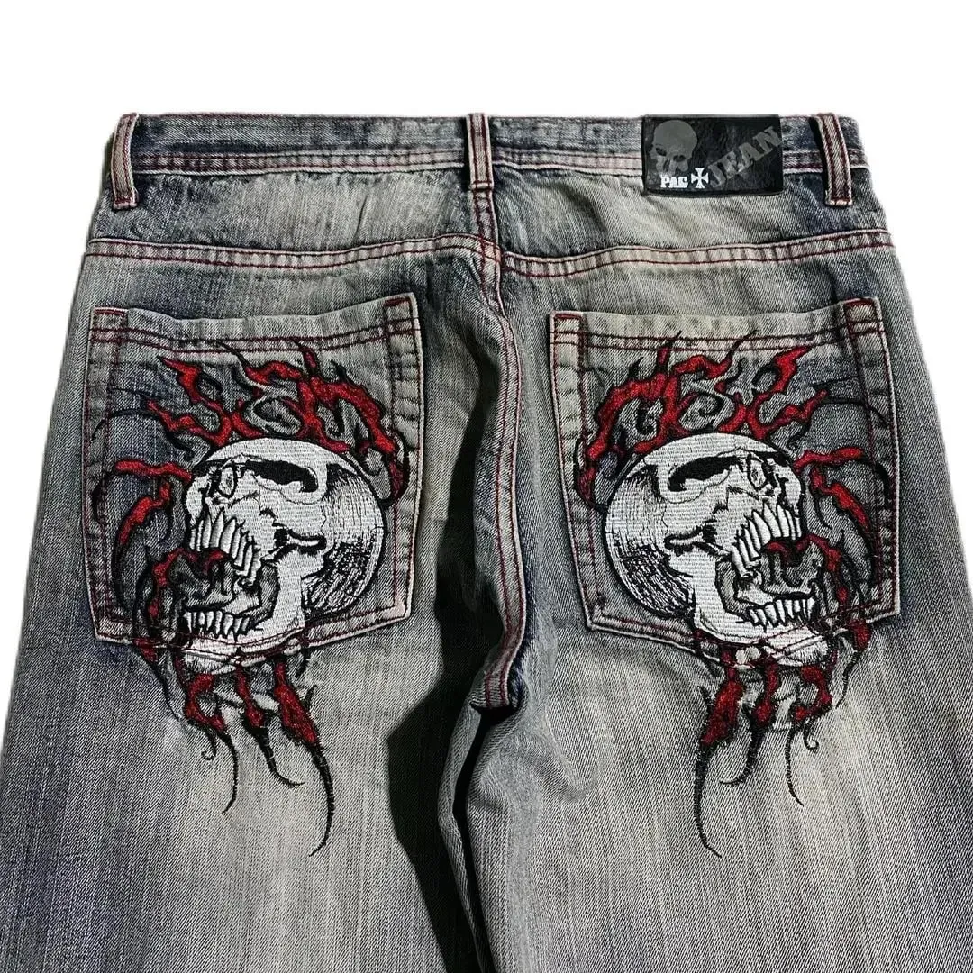 Streetwear Y2K Punk Retro Gothic American Classic Embroidered Jeans Men Women Brown Punk Loose Oversized Trousers Straight Jeans